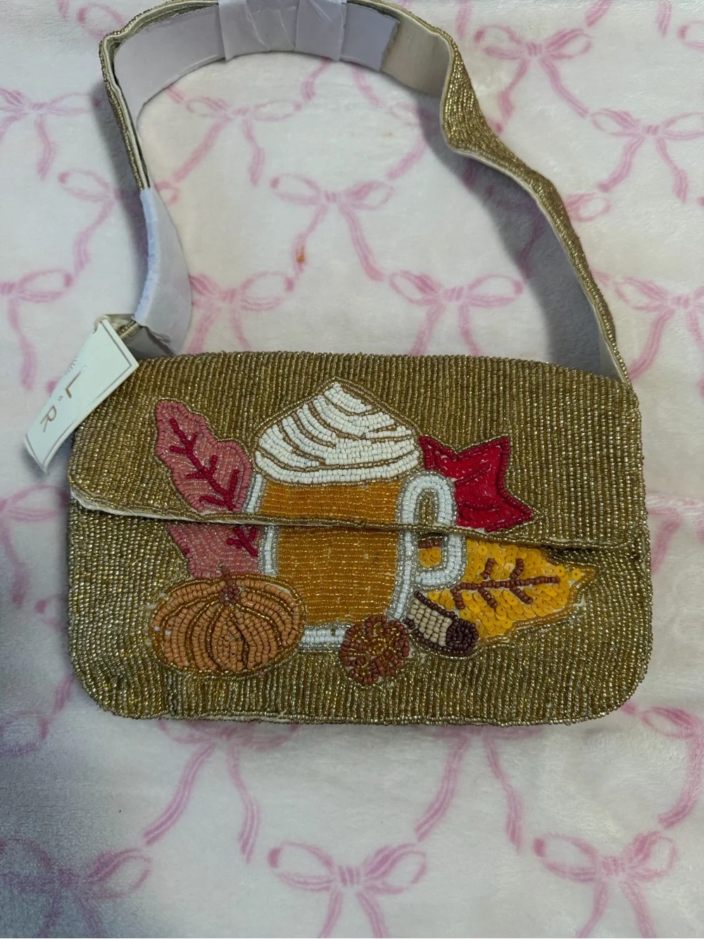 Beaded Autumn Mug Shoulder Bag in Brown